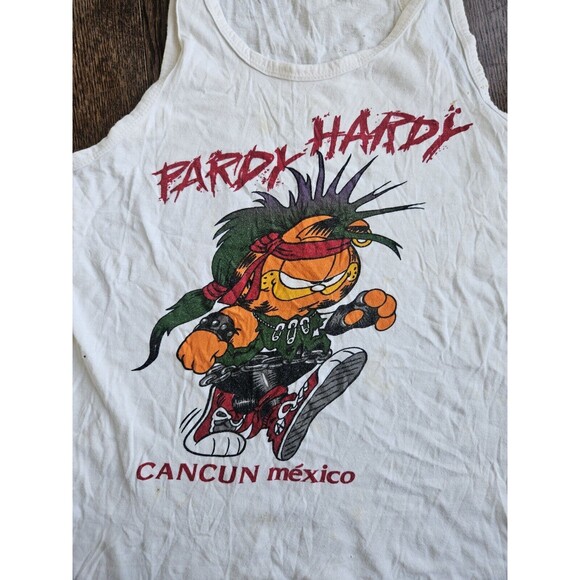 Vtg Punk Garfield Cancun Mexico Tank Top White 90's Punk Rock Party Hardy - Picture 2 of 15